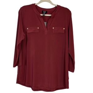 NWT‎ Jones New York Signature Burgundy Top Gold Accent Pockets 3/4 Sleeve Large